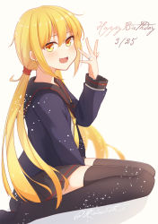 Rule 34 | 1girl, :d, aticsanir, black cardigan, black sailor collar, black skirt, black thighhighs, blonde hair, blush, cardigan, dated, hair between eyes, happy birthday, highres, jewelry, kantai collection, long hair, long sleeves, looking at viewer, low twintails, neckerchief, open mouth, pleated skirt, ring, sailor collar, satsuki (kancolle), satsuki kai ni (kancolle), school uniform, serafuku, sitting, skirt, smile, solo, thighhighs, twintails, wariza, wedding band, white background, yellow eyes, yellow neckerchief, zettai ryouiki