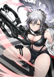 Rule 34 | 1girl, absurdres, animal ears, arknights, bare shoulders, black footwear, black scarf, black shorts, bow (weapon), breasts, cat ears, cleavage, commentary request, crop top, crossbow, hair between eyes, highres, large breasts, long hair, looking at viewer, midriff, nevven, pouch, scarf, schwarz (arknights), shoes, short shorts, shorts, silver hair, sleeveless, solo, squatting, thigh strap, thighs, weapon, yellow eyes