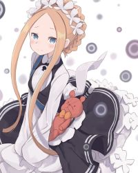 Rule 34 | 1girl, abigail williams (fate), abigail williams (festival outfit) (fate), alternate hairstyle, apron, blonde hair, blue eyes, blush, dress, fate/grand order, fate (series), highres, long hair, looking at viewer, maid, maid apron, maid headdress, official alternate costume, parted bangs, skirt, sleeves past wrists, solo, stuffed animal, stuffed toy, teddy bear, totatokeke, very long hair, white background