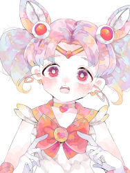 Rule 34 | 1girl, bishoujo senshi sailor moon, blush, bow, brooch, chibi usa, choker, cone hair bun, diadem, earrings, gloves, hair bun, hanataro (sruvhqkehy1zied), heart, heart brooch, heart choker, heart earrings, jewelry, looking at viewer, open mouth, parted bangs, pink hair, pink sailor collar, red bow, red eyes, sailor collar, solo, twintails, upper body, white gloves