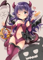 Rule 34 | 1girl, akatsuki (kancolle), alternate costume, bat wings, bridal gauntlets, candy, chocolate, chocolate bar, choker, commentary request, demon girl, demon horns, demon tail, demon wings, food, hair between eyes, halloween costume, highres, hizuki yayoi, horns, jack-o&#039;-lantern, kantai collection, leotard, lollipop, long hair, messy hair, navel, pocky, purple eyes, purple hair, purple leotard, purple thighhighs, solo, sweets, tail, thighhighs, trick or treat, wings