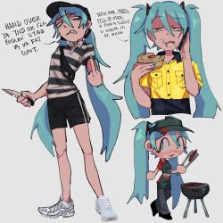 1girl :t apron aqua_hair aqua_nails australia baseball_cap black_hat black_shorts breast_pocket chibi commentary eating english_commentary english_text fanny_pack food grill hair_between_eyes hair_ornament hat hatsune_miku hibi_(dustbinrat) highres holding holding_food holding_knife holding_phone holding_tongs knife looking_at_viewer meat_pie middle_finger multiple_views phone photo_inset pie pocket polo_shirt profanity sanpaku shirt shoes short_sleeves shorts simple_background sneakers striped_clothes striped_shirt talking_on_phone tongs twintails visor_cap vocaloid white_background white_footwear yellow_shirt