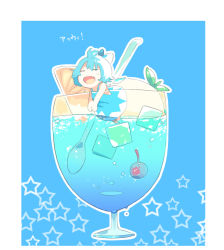 Rule 34 | 1girl, alternate costume, blue background, blue hair, bow, cherry, cirno, dress, fang, food, fruit, glass, hair bow, ice, ice wings, koukou (climacool), mini person, minigirl, ribbon, short hair, simple background, solo, spoon, star (symbol), sundress, touhou, wings