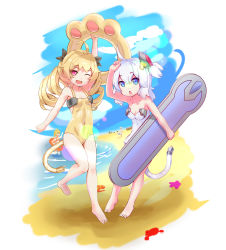 Rule 34 | 4girls, ;d, absurdres, ahoge, arm up, azur lane, bare arms, bare legs, bare shoulders, barefoot, beach, black ribbon, blonde hair, blue eyes, breasts, cable, cleavage, collarbone, commentary request, day, dress, drill hair, electric plug, fang, hair between eyes, hair ornament, hair ribbon, highres, holding, holding surfboard, holding swim ring, innertube, medium breasts, multiple girls, ocean, one-piece swimsuit, one eye closed, open mouth, parted lips, prototype bulin mkii (azur lane), purple eyes, ribbon, silver hair, small breasts, smile, standing, standing on one leg, striped clothes, striped dress, surfboard, swim ring, swimsuit, tail, twin drills, two side up, universal bulin (azur lane), vertical-striped clothes, vertical-striped dress, water, white dress, yellow one-piece swimsuit, yng.d.