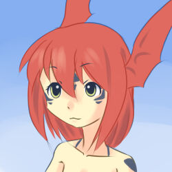 Rule 34 | 1girl, :3, blue background, collarbone, digimon, digimon tamers, dragon girl, drantyno, facial mark, female focus, guilmon, humanization, looking at viewer, personification, red hair, short hair, smile, solo, upper body, wings, yellow eyes