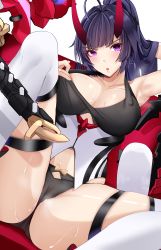 Rule 34 | 1girl, absurdres, armpits, black panties, blush, bow, bow panties, breasts, cameltoe, cleavage, clothes pull, commentary, covered erect nipples, english commentary, highres, honkai (series), honkai impact 3rd, horns, large breasts, long hair, looking at viewer, noise paper, oni horns, panties, ponytail, pulling own clothes, purple eyes, purple hair, raiden mei, raiden mei (herrscher of thunder), red horns, red pupils, shirt pull, solo, spread legs, sweat, thigh strap, thighhighs, thighs, underwear, very long hair, white thighhighs