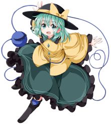 Rule 34 | 1girl, bad id, bad twitter id, blouse, blush, boots, full body, green eyes, green hair, green skirt, hair between eyes, hat, hat ribbon, knee boots, komeiji koishi, long sleeves, looking at viewer, matching hair/eyes, open mouth, outstretched arms, ribbon, ruu (tksymkw), shirt, short hair, simple background, skirt, skirt set, smile, solo, string, third eye, touhou, white background, wide sleeves