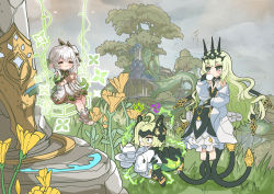 Rule 34 | 3girls, absurdres, ahoge, bare shoulders, barefoot, black dress, black gloves, braid, closed eyes, closed mouth, cloud, cloudy sky, coat, commentary, company connection, crossover, crown, cup, dress, english commentary, eyepatch, flower, forest, full body, genshin impact, gloves, gradient hair, grass, green eyes, green hair, grey hair, grey sky, hair between eyes, hair ornament, highres, holding, holding cup, holding plate, honkai (series), honkai impact 3rd, klein (honkai impact), lab coat, long hair, long sleeves, medical eyepatch, mihoyo, mobius (honkai impact), multicolored hair, multiple girls, nahida (genshin impact), nature, open clothes, open coat, outdoors, plate, short hair, side ponytail, single braid, sitting, sky, sleeves past wrists, statue of the seven, stirrup legwear, swing, teacup, teapot, tiara, toeless legwear, toes, tree, wavy hair, white coat, white dress, white hair, xtacy, yellow flower