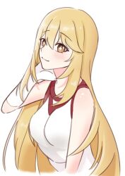 Rule 34 | 1girl, ansan 0927, blonde hair, breasts, closed mouth, commentary request, elbow gloves, gloves, gym shirt, hair between eyes, hand on own neck, large breasts, long hair, looking at viewer, no emblem, red trim, shirt, shokuhou misaki, sketch, sleeveless, sleeveless shirt, smile, solo, star-shaped pupils, star (symbol), symbol-shaped pupils, toaru kagaku no mental out, toaru kagaku no railgun, toaru majutsu no index, tokiwadai school gym uniform, very long hair, white background, white gloves, yellow eyes, yellow pupils