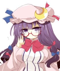 Rule 34 | 1girl, bell, bespectacled, breasts, crescent, crescent hair ornament, glasses, hair bell, hair ornament, hat, highres, large breasts, long hair, patchouli knowledge, purple eyes, purple hair, red-framed eyewear, shirogane (platinum), simple background, solo, touhou
