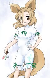 Rule 34 | 1girl, animal ears, aqua ribbon, between fingers, blonde hair, blush stickers, breasts, feet out of frame, fox ears, fox girl, fox tail, hair between eyes, hand on own hip, holding, kudamaki tsukasa, legs apart, medium hair, nonamejd, official style, ribbon, romper, short sleeves, sleeve ribbon, small breasts, smile, solo, standing, tail, touhou, vial, white romper, yellow eyes, yellow tail, zun (style)