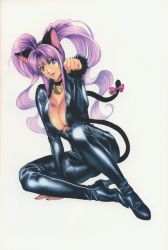 Rule 34 | 1girl, animal ears, antenna hair, bell, neck bell, belt, blue eyes, bodysuit, boots, breasts, cat ears, cat tail, catsuit, center opening, cleavage, collar, fake animal ears, high heel boots, high heels, highres, homare (fool&#039;s art), large breasts, leather, lipstick, long hair, lying, makeup, nail polish, no bra, on side, original, paw pose, purple eyes, purple hair, purple lips, purple nails, ribbon, scan, shizune (homare), shoes, sitting, solo, source request, tail, tail ornament, tail ribbon, thigh boots, thighhighs, twintails