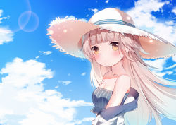 Rule 34 | 1girl, azur lane, bare shoulders, bikini, blue bikini, blue sky, blunt bangs, blush, breasts, brown eyes, closed mouth, cloud, cloudy sky, collarbone, commentary request, day, hat, jacket, light brown hair, linhe de chuangzi, long hair, looking at viewer, looking to the side, off shoulder, outdoors, sky, small breasts, solo, straw hat, swimsuit, very long hair, white hat, white jacket, z46 (azur lane)