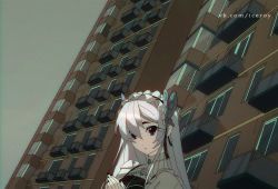 Rule 34 | 1girl, :o, apartment, balcony, black nails, building, chaika trabant, circle, collar, colored skin, covered eyes, hair over one eye, highres, hitsugi no chaika, house, iceroy, lace, long hair, looking at viewer, maid, nail polish, open mouth, own hands together, princess, purple eyes, simple background, solo, standing, watermark, web address, white hair, white skin, window