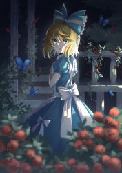 Rule 34 | 1girl, alice (konokikiki), blonde hair, blue butterfly, blurry, blurry foreground, bow, bug, butterfly, dress, flower, garden, green eyes, hair bow, highres, insect, konokikiki, looking to the side, open mouth, original, rose, scared, short hair, short sleeves, solo