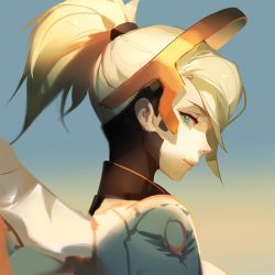 Rule 34 | 1girl, ask (askzy), blonde hair, breasts, closed mouth, cropped, expressionless, eyebrows, from side, gradient background, green eyes, hair ornament, headgear, high ponytail, lips, looking at viewer, medium breasts, mercy (overwatch), multicolored background, nose, overwatch, overwatch 1, ponytail, portrait, profile, short ponytail, simple background, solo, two-tone background
