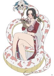 Rule 34 | 1girl, black hair, blush, boa hancock, cape, chinese clothes, crossed legs, hands on own face, highres, long hair, one piece, parted bangs, parted lips, poster (object), reading, salome (one piece), sitting, skull, snake, ufkqz, white background