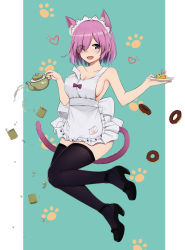 Rule 34 | 1girl, alternate costume, animal ears, apron, bare arms, bare shoulders, black footwear, black thighhighs, blush, breasts, cat ears, cat tail, cleavage, commentary request, doughnut, fate/grand order, fate (series), food, hair over one eye, highres, holding, holding plate, holding teapot, l.tea, large breasts, light purple hair, looking at viewer, mash kyrielight, naked apron, open mouth, paw print, plate, purple eyes, shoes, short hair, smile, solo, tail, teapot, thighhighs, white apron