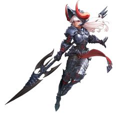 Rule 34 | 1girl, absurdres, armor, armored boots, boots, dark-skinned female, dark skin, dragon knight shapira, fake horns, full body, game cg, guardian tales, helmet, highres, holding, holding weapon, horns, lance, long hair, looking at viewer, official art, polearm, red eyes, solo, transparent background, weapon, white hair