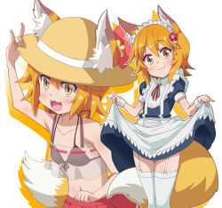 Rule 34 | 1girl, :3, animal ears, bikini, bikini top only, blush, bra, breasts, closed mouth, clothes lift, female focus, flower, flower on head, fox ears, fox girl, fox tail, hat, ki (adotadot), kitsune, lifted by self, looking at viewer, maid, multiple views, navel, open mouth, orange hair, petite, school uniform, senko (sewayaki kitsune no senko-san), sewayaki kitsune no senko-san, short hair, simple background, skirt, skirt hold, small breasts, smile, swimsuit, tail, thighhighs, underwear, white background, yellow eyes, zettai ryouiki