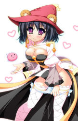 Rule 34 | 1girl, :3, animal ears, arch bishop (ragnarok online), bear ears, black dress, blue panties, blush, breasts, cleavage, cleavage cutout, closed mouth, clothing cutout, commentary request, convenient arm, cross, dress, fake animal ears, feet out of frame, fishnet thighhighs, fishnets, frilled thighhighs, frills, furukawa lemon, hat, hat ornament, heart, juliet sleeves, large breasts, leaning forward, long sleeves, looking at viewer, panties, panty pull, poring, puffy sleeves, purple eyes, ragnarok online, red hat, sash, short hair, slime (creature), smile, solo, star (symbol), star hat ornament, striped clothes, striped panties, textless version, thighhighs, two-tone dress, underwear, white background, white dress, white panties, white thighhighs, witch hat, yellow sash
