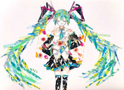 Rule 34 | 1girl, abstract, aqua hair, aqua necktie, black skirt, black sleeves, black thighhighs, closed eyes, closed mouth, collared shirt, commentary request, detached sleeves, empty picture frame, feet out of frame, finger frame, floating hair, flower, hair between eyes, hair ornament, hatsune miku, long hair, masking tape (medium), miniskirt, multicolored hair, necktie, paper texture, picture frame, sasasa (sss 3a), shirt, simple background, skirt, sleeveless, sleeveless shirt, smile, solo, standing, thighhighs, traditional media, unconventional media, very long hair, vocaloid, white background, white shirt, zettai ryouiki