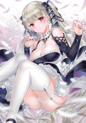 Rule 34 | 1girl, artist name, azur lane, between breasts, black nails, black ribbon, breasts, cleavage, commentary request, dated, fingerless gloves, formidable (azur lane), garter straps, gloves, large breasts, long hair, marker (medium), nail polish, nordic niku, panties, red eyes, ribbon, silver hair, solo, thighhighs, traditional media, twintails, two-tone ribbon, underwear, very long hair, white panties, white ribbon, white thighhighs