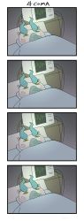 Rule 34 | 1other, 4koma, animal ears, bed, blanket, body fur, boke-chan, border, colored sclera, comatose, comic, english text, furry, green eyes, green sclera, highres, komasan, looking up, multiple views, other focus, oxygen mask, pillow, pun, rolling eyes, sketch, stereogram, under covers, white border, white fur, youkai watch