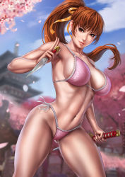 Rule 34 | 1girl, artist name, bikini, blue sky, blurry, blurry background, bow, breasts, brown eyes, brown hair, cherry blossoms, closed mouth, cloud, cloudy sky, collarbone, commentary, dandon fuga, day, dead or alive, female focus, fingernails, gluteal fold, hair ribbon, highleg, highleg bikini, highres, holding, holding knife, holding sword, holding weapon, kasumi (doa), knife, kodachi, kunai, lips, long hair, matching hair/eyes, medium breasts, midriff, navel, ninja, outdoors, petals, pink bikini, pinup (style), ponytail, reverse grip, ribbon, short sleeves, short sword, side-tie bikini bottom, simple background, sky, smile, solo, standing, stomach, strap gap, swimsuit, sword, thighs, weapon, yellow ribbon