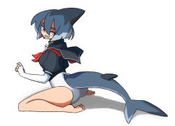 Rule 34 | 1girl, bare legs, barefoot, black sailor collar, black shirt, blue hair, blue sailor collar, blue shirt, borrowed character, commentary, english commentary, fingerless gloves, fins, from side, gloves, hair between eyes, highres, latenight, looking at viewer, mako (azuumori), neckerchief, one-piece swimsuit, original, puffy short sleeves, puffy sleeves, red eyes, red neckerchief, sailor collar, school uniform, serafuku, sharp teeth, shirt, short hair, short sleeves, sitting, smile, solo, swimsuit, tail, teeth, wariza, white gloves