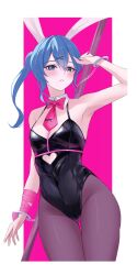 Rule 34 | 1girl, animal ears, arm at side, bare shoulders, black pantyhose, blue eyes, blue hair, blush, border, bound, bound wrists, bow, bowtie, breasts, clothing cutout, covered navel, cuffs, detached collar, fake animal ears, fawny, hair ornament, hand up, handcuffs, heart cutout, highleg, highleg leotard, highres, hololive, hoshimachi suisei, large breasts, legs together, leotard, long hair, looking at viewer, outside border, pantyhose, parted lips, pink background, pole, rabbit ears, rabbit hole (vocaloid), red bow, red bowtie, side ponytail, simple background, solo, stomach cutout, stripper pole, teeth, thigh gap, thighs, virtual youtuber, vocaloid, white border, x hair ornament