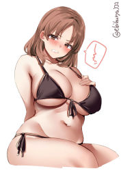 Rule 34 | 1girl, bikini, black bikini, blush, breasts, brown eyes, brown hair, chiyoda (kancolle), cleavage, clenched teeth, collarbone, ebifurya, hand on own chest, highres, kantai collection, large breasts, looking at viewer, medium hair, navel, side-tie bikini bottom, simple background, sitting, skindentation, solo, spoken squiggle, squiggle, swimsuit, teeth, twitter username, white background