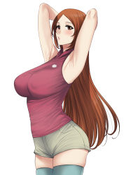 Rule 34 | 1girl, armpits, arms behind head, arms up, bleach, blush, breasts, covered erect nipples, cowboy shot, highres, inoue orihime, large breasts, long hair, orange eyes, orange hair, parted lips, red shirt, shirt, short shorts, shorts, simple background, sleeveless, sleeveless shirt, solo, thighhighs, very long hair, white background, xter