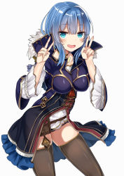 Rule 34 | 1girl, absurdres, blue eyes, blue hair, blush, breasts, brown thighhighs, collarbone, double v, dress, fam (grimms notes), frilled cloak, frilled dress, frilled skirt, frills, grimms notes, highres, large breasts, looking at viewer, open mouth, retsuto, skirt, smile, solo, thighhighs, thighs, v