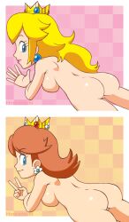 Rule 34 | 2girls, ass, back, blonde hair, blue eyes, breasts, brown hair, censored, cleft of venus, crown, earrings, eyelashes, hinoarashi, jewelry, looking at viewer, mario (series), medium breasts, multiple girls, nintendo, nude, orange background, pink background, princess daisy, princess peach, pussy, salute, smile, super mario bros. 1, super mario land, tomboy, v