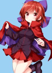 Rule 34 | 1girl, black footwear, black shirt, blue background, blush, boots, bow, breasts, cape, commentary request, hair bow, high collar, highres, jumping, long sleeves, looking at viewer, medium breasts, miniskirt, pleated skirt, purple bow, red cape, red eyes, red hair, red skirt, ribbon-trimmed bow, ribbon trim, ruu (tksymkw), sekibanki, shirt, short hair, simple background, skirt, smile, solo, thighs, touhou