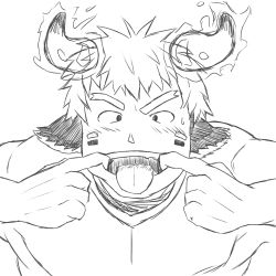 Rule 34 | 1boy, :p, absurdres, animal ears, bara, blush, cow boy, cow ears, cow horns, facepaint, facial hair, fiery horns, finger in own mouth, forked eyebrows, glowing horns, goatee, greyscale, highres, horns, looking at viewer, male focus, monochrome, nude, pectorals, portrait, short hair, solo, sweatdrop, tatatan (ts kon2), thick eyebrows, tokyo houkago summoners, tongue, tongue out, upper body, wakan tanka
