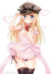 Rule 34 | 10s, 1girl, apron, bare arms, bismarck (kancolle), black panties, blonde hair, blue eyes, box, breasts, cleavage, dress, gift, gift box, hat, heart, kantai collection, large breasts, long hair, nearly naked apron, nikoo, panties, peaked cap, pink dress, solo, twitter username, underwear, valentine, white background