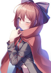 Rule 34 | 1girl, absurdres, black shirt, blue bow, blush, bow, cape, closed mouth, fingernails, hair between eyes, hair bow, highres, long sleeves, messiah &amp; crea, nail polish, one eye closed, pleated skirt, red cape, red eyes, red hair, red nails, red skirt, sekibanki, shirt, short hair, simple background, skirt, smile, solo, touhou, white background