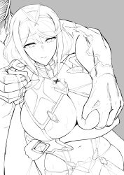 Rule 34 | 1boy, 1girl, absurdres, blush, grabbing another&#039;s breast, breasts, deep skin, diadem, gatyo 5, grabbing, hetero, highres, huge breasts, impossible clothes, midriff, mind control, monochrome, muscular, navel, netorare, nintendo, pyra (xenoblade), sketch, veins, xenoblade chronicles (series), xenoblade chronicles 2