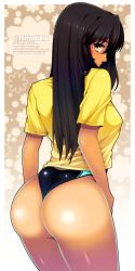 Rule 34 | 1girl, ass, bad id, bad pixiv id, black hair, breasts, brown eyes, competition swimsuit, highres, hiromin, huge ass, looking at viewer, looking back, one-piece swimsuit, original, solo, swimsuit, swimsuit under clothes, thighs, thong