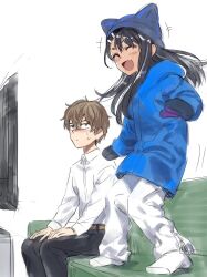 Rule 34 | 1boy, 1girl, 774 (nanashi), :d, ^ ^, beanie, black gloves, black hair, black pants, blue headwear, blue jacket, brown hair, closed eyes, couch, gloves, hachiouji naoto, hat, highres, ijiranaide nagatoro-san, jacket, long hair, looking at another, nagatoro hayase, official art, on couch, open mouth, pants, shirt, short hair, simple background, smile, standing, television, white background, white shirt