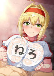 Rule 34 | 1boy, 1girl, ahoge, blonde hair, blush, braid, breasts, breasts squeezed together, closed mouth, covered erect nipples, fate/extra, fate/grand order, fate (series), french braid, green eyes, gym shirt, gym uniform, hair between eyes, hair bun, hair intakes, headband, hetero, horosuke, large breasts, licking lips, long hair, looking at viewer, name tag, nero claudius (fate), nero claudius (fate) (all), nero claudius (fate/extra), nero claudius (olympian bloomers) (fate), official alternate costume, paizuri, paizuri under clothes, penis, red headband, shirt, short sleeves, single hair bun, smile, sweat, tongue, tongue out, white shirt