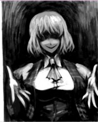 Rule 34 | 1girl, ascot, breasts, creepy, evil smile, faceless, female focus, greyscale, hetza (hellshock), horror (theme), kazami yuuka, large breasts, monochrome, outstretched arms, plaid, plaid vest, shaded face, short hair, smile, solo, touhou, upper body, vest, yandere