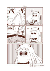 Rule 34 | (o) (o), 10s, abyssal ship, annoyed, chair, chopsticks, comic, commentary, cosplay, failure, highres, horns, kantai collection, kitsune udon, long hair, mittens, monochrome, moomin, moomintroll, muppo, northern ocean hime (cosplay), northern ocean princess, sazanami konami, silent comic, simple background, twitter username