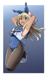 Rule 34 | 1girl, :d, adapted costume, alto-00, animal ears, arms behind head, black neckerchief, blonde hair, blue background, blue eyes, blue leotard, blue sailor collar, crop top, fake animal ears, gradient background, highres, kantai collection, leotard, long hair, neckerchief, one-piece tan, open mouth, pantyhose, playboy bunny, rabbit ears, rabbit girl, rabbit tail, ro-500 (kancolle), sailor collar, slippers, smile, solo, strapless, strapless leotard, tail, tan, tanline, wrist cuffs