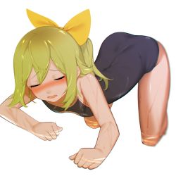 Rule 34 | 1girl, all fours, black one-piece swimsuit, blush, bow, breasts, closed eyes, commentary request, cookie (touhou), daiyousei, diyusi (cookie), full body, green hair, hair bow, jiyu (jiyusi), long hair, nose blush, one-piece swimsuit, open mouth, pale skin, ponytail, school swimsuit, simple background, small breasts, solo, swimsuit, touhou, wet, white background, yellow bow
