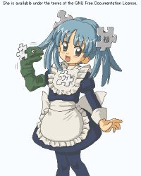 Rule 34 | 1girl, :d, apron, arm at side, blue dress, blue eyes, blue hair, blue pantyhose, bow, chinese text, commentary, contrapposto, dot nose, dress, english commentary, english text, feet out of frame, frilled apron, frills, greek text, hand puppet, hand up, head tilt, jaggy lines, japanese text, juliet sleeves, kasuga (kasuga39), knees together feet apart, blue background, long hair, long sleeves, looking at viewer, looking to the side, lowres, maid, motion lines, oekaki, open mouth, pantyhose, personification, pixel art, puffy sleeves, puppet, puzzle piece, puzzle piece hair ornament, simple background, sleeve cuffs, smile, sock puppet, solo, tareme, text background, toy, twintails, waist apron, white apron, white bow, wikipe-tan, wikipedia, wrist extended