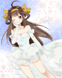 Rule 34 | 10s, 1girl, ahoge, bare shoulders, brown hair, double bun, dress, elbow gloves, gloves, hair ornament, hairband, hand on own face, kantai collection, kongou (kancolle), long hair, looking at viewer, purple eyes, smile, solo, sr soba, wedding dress, white gloves, wink