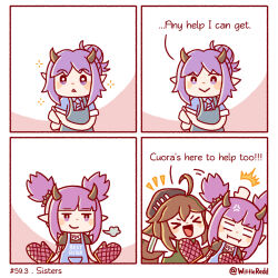 Rule 34 | 3girls, 4koma, :&gt;, ahoge, anger vein, apron, arknights, black shirt, blue apron, brown hair, chibi, comic, commentary, cuora (arknights), demon horns, english commentary, english text, hat, hibiscus (arknights), highres, horns, jewelry, lava (arknights), long hair, multiple girls, necklace, pointy ears, ponytail, purple eyes, purple hair, shirt, siblings, sisters, smile, twintails, twitter username, wittle red